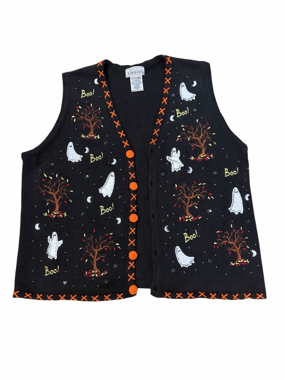 VTG Basic Editions Halloween Sweater Vest Womens XL Ghosts Boo Spooky Grandma